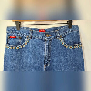CHAPS Denim Womens Jeans Size 8 Blue Brown Beaded Pockets Aztec Cowgirl Western